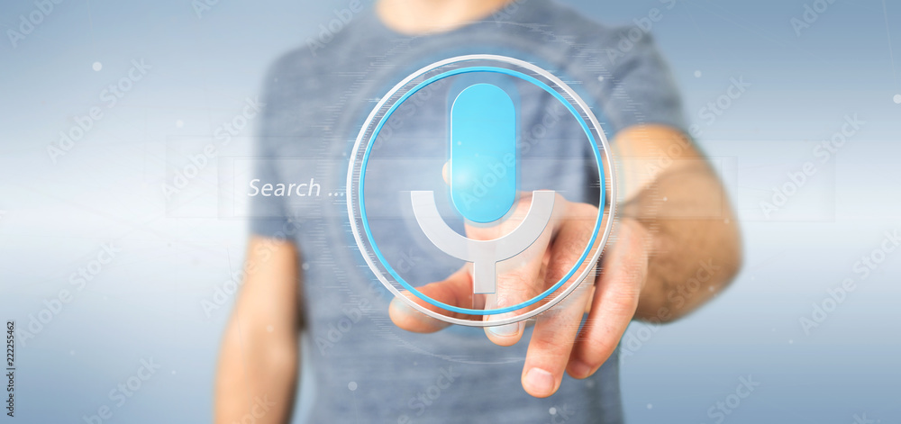 Poster businessman holding a vocal search system with button and icon3d rendering