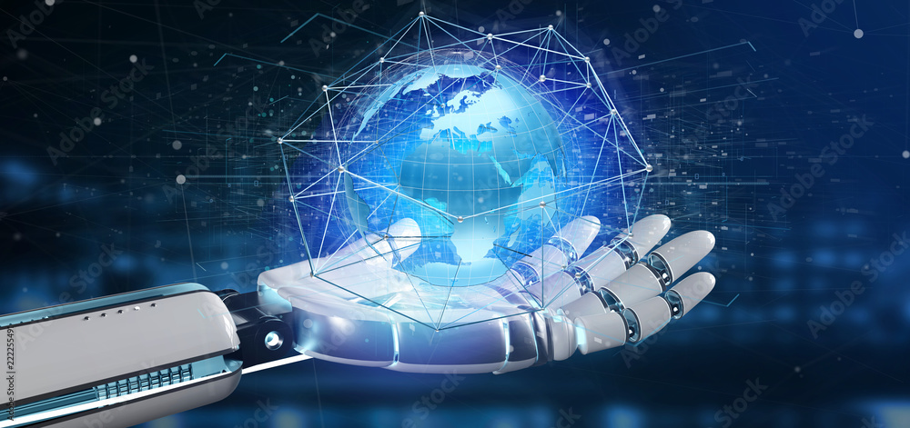 Poster cyborg hand holding a connected network over a earth globe concept on a futuristic interface - 3d re