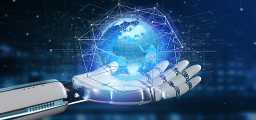 Cyborg hand holding a Connected network over a earth globe concept on a futuristic interface - 3d rendering