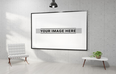 Large horizontal frame hanging on a white concrete wall 3D rendering