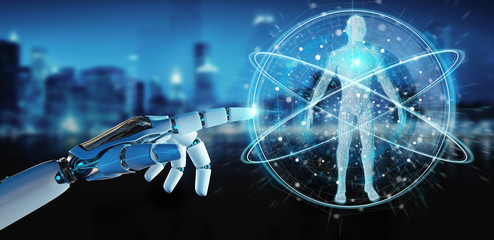 White robot hand scanning human body 3D rendering