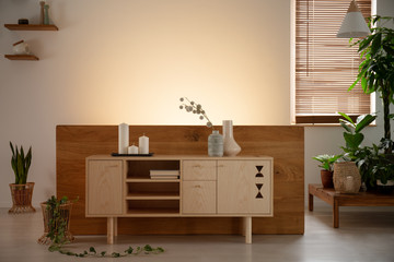 Wooden cabinet with candles and vases surrounded by plants in a natural living room interior. Real...