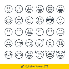 Emoji (Emoticon) Icons / Vectors Set - In Line / Stroke Design | Contains Such happy, smile, laugh, cool, cry, sad, devil, sick, grumpy, sleep, flat face, straight face, love, money, and more