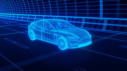 Blue wireframe Modern Electric car rides through Blue tunnel 3d rendering