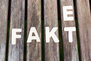 Fake, fact, as text, letters on wood