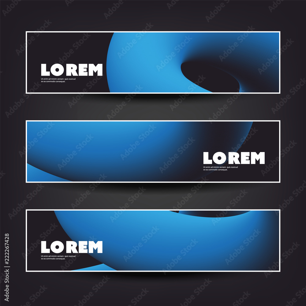 Poster Set of Horizontal Banner or Header Design for Your Business with Abstract Blue and Black 3D Curve Lines Pattern - Creative Vector Template
