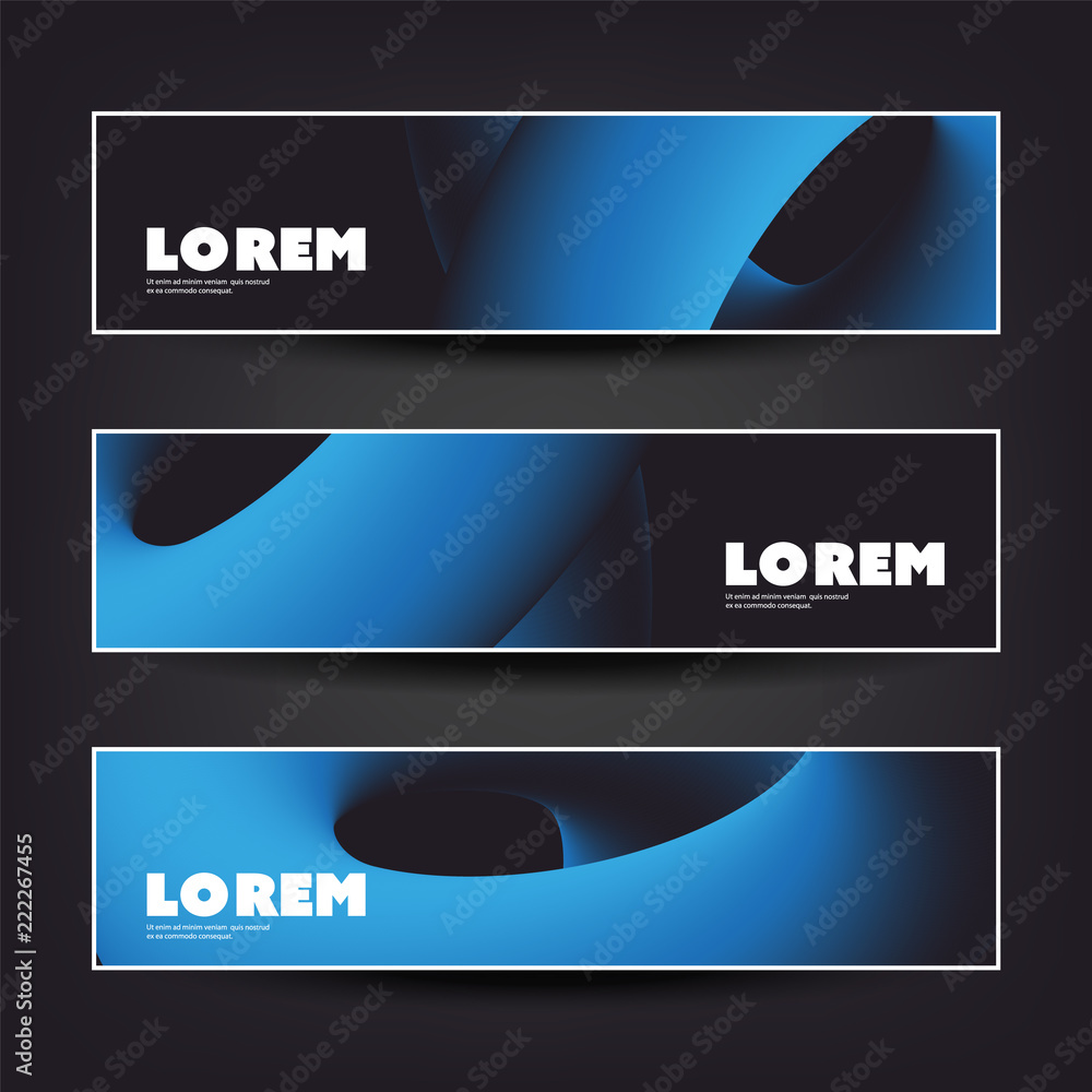 Poster Set of Horizontal Banner or Header Design for Your Business with Abstract Blue and Black 3D Curve Lines Pattern - Creative Vector Template