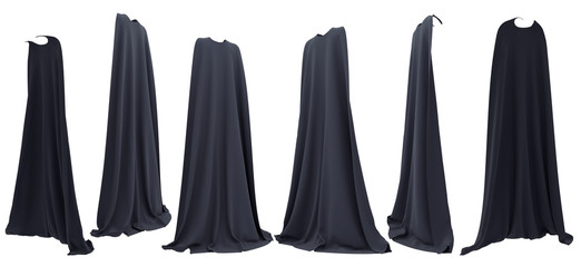 Witch black cape hanging from shoulders set isolated on white background. 3D rendering. Front, back and side view. Helloween concept.
