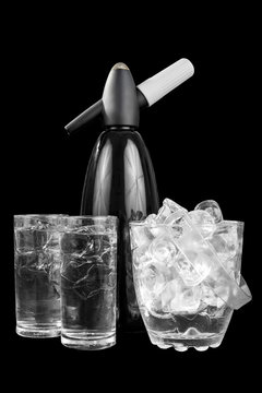 Sifon for soda with ice cube isolated black