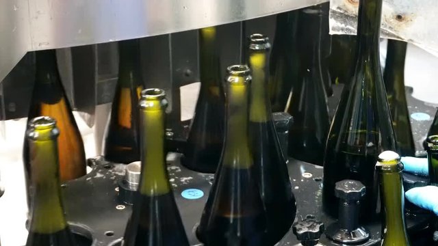Bottling and sealing conveyor line at winery factory