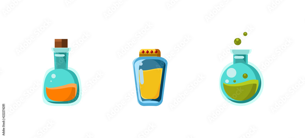 Poster small glass bottles of poison, game assets collection for computer or mobile games user interface ve