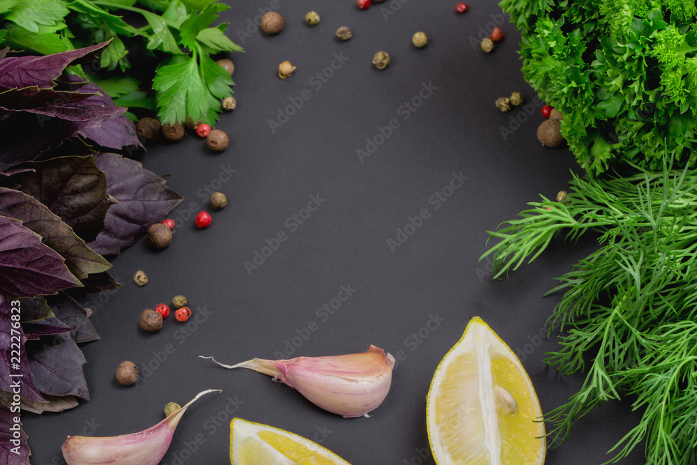 Sticker Collection of herbs and spices on a black background