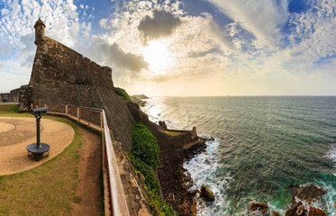 Beautiful panoramic view of the large outer wall with sentry box of fort San Cristobal in San Juan,...