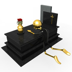 Golden doll sad and leaning on a family tomb (3D Illustration)