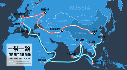Naklejka premium One belt one road. New Chinese trade silk road. Vector map infographics