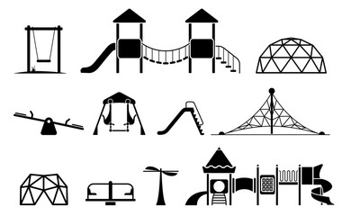 Kid playground equipment icons. Icon set with different types of elements on the playground.