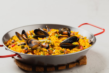 Traditional paella with mussels.