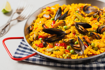 Traditional paella with mussels.