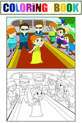 Red track with star, fans and paparazzi coloring book for children cartoon raster. Color, black and white