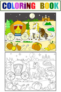 Cinderella fairy tale coloring book for children cartoon raster. Color, black and white