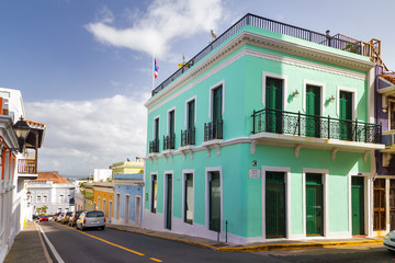 Beautiful typical turquoise house in the streets of San Juan, Puerto Rico
