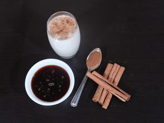 Cinnamon Milk and Honey on Wooden Background, Cinnamon Powder and Honey on Wooden Background, Honey, Milk, Dalchini Powder,Dalchini Milk and Honey