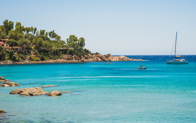 Sardinia turquoise water bay panoramic seascape travel, vacation in Italy.