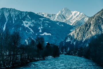 Winter scenery in Alps mountains.