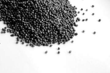 Mustard seeds on white in black and white.