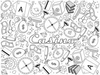 Casino line art design raster illustration. Hand drawn doodle design