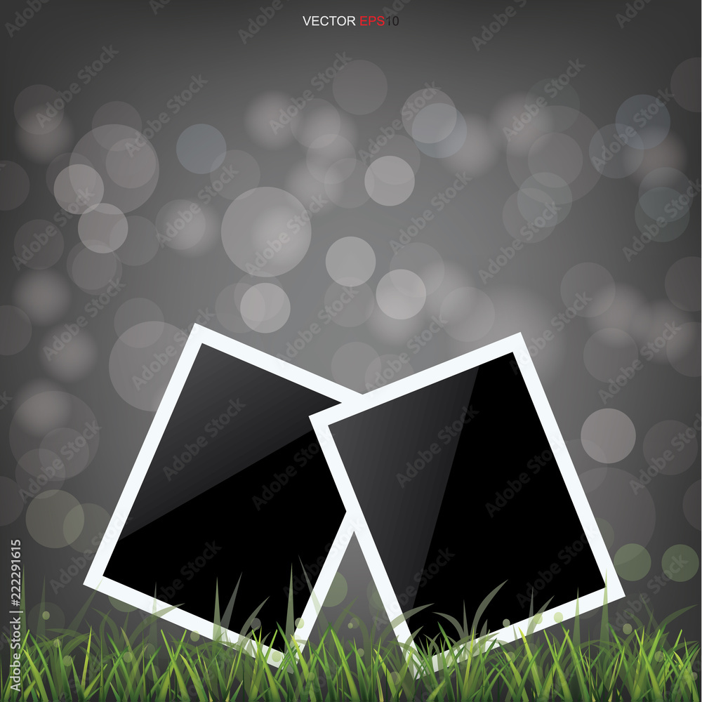 Poster blank photo frame in grass field with light blurred bokeh background. vector.