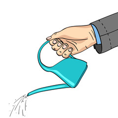 A mans hand watered with a watering can. A jacket, part of a man, a background point. Object on white background raster. Style comics
