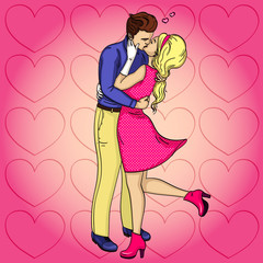 Feeling of love. The guy with the girl passionately kisses. Raster of pop art. Comic style