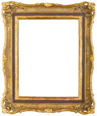 Ornate golden picture frame isolated on white background.