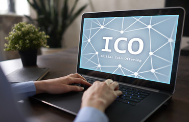 ICO, Initial Coin Offering. Digital electronic binary money financial concept. Bitcoin currency exchange on virtual screen interface.