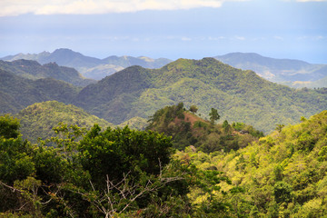 Fototapeta premium Beautiful view of the hills with fog in the jungle of the El Yunque national forest in Puerto Rico