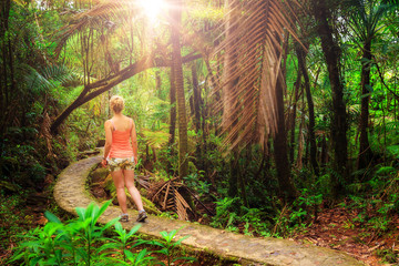 Adventurous and stunning young woman hiking in the beautiful jungle of the El Yunque national...