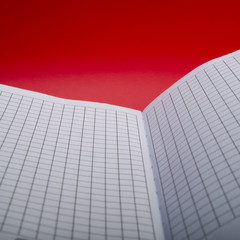 page of an open notebook on a red background. Web banner.