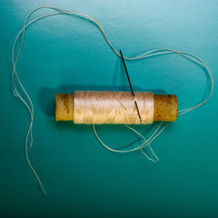 old thread on a paper reel and a metal needle.