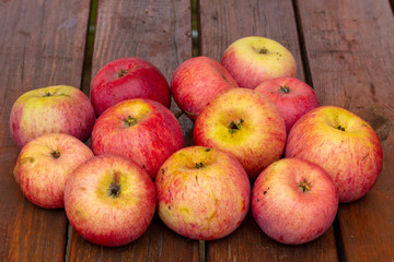 Twelve red and yellow apples on the table
