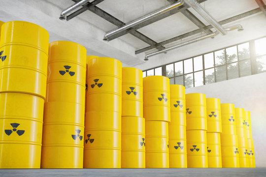 Radioaktiver Abfall - Lagerhalle mit Atomfässer - Atom - Zwischenlager - Warenlager