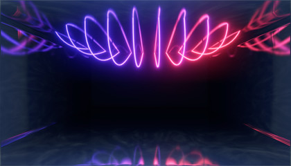 3d Visualization. Geometric figure in neon light against a dark tunnel. Laser glow.
