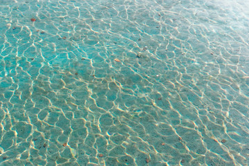 coins at the bottom of a lake with blue water.