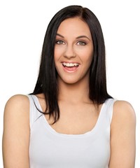 Close-up portrait of young woman  isolated on white background