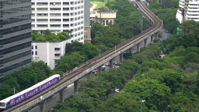 Thailand, Bangkok, Aug 26 2017. Cityscape with BTS skytrain at Lumphini park. The Bangkok Mass Transit System It runs eastward from the National Stadium Station in Pathum Wan District over Rama I Road