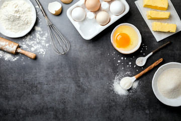  Baking background. Food accessories. Ingredients variety  for cooking dough. Top View. Flat Lay.Copy space for Text.