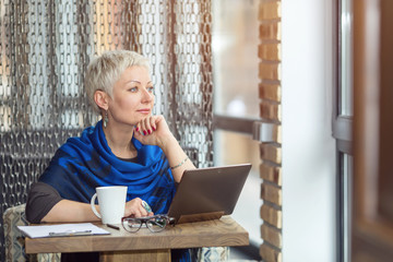 Adult business woman is talking on the phone in the office near the window.