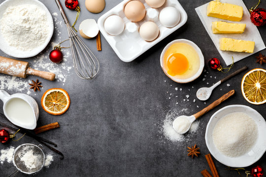 Christmas Baking background. Food accessories. Ingredients variety  for cooking holiday cake.Traditional concept for cooking. Copy space for Text. Top View. Flat Lay.