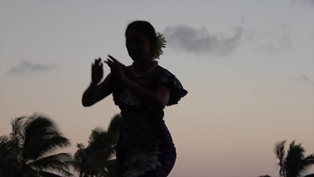 Hula hula dancer with beautiful moves. Sunset skies in the background