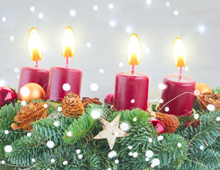 Evergreen fir tree advent garland with burning candles on silver background